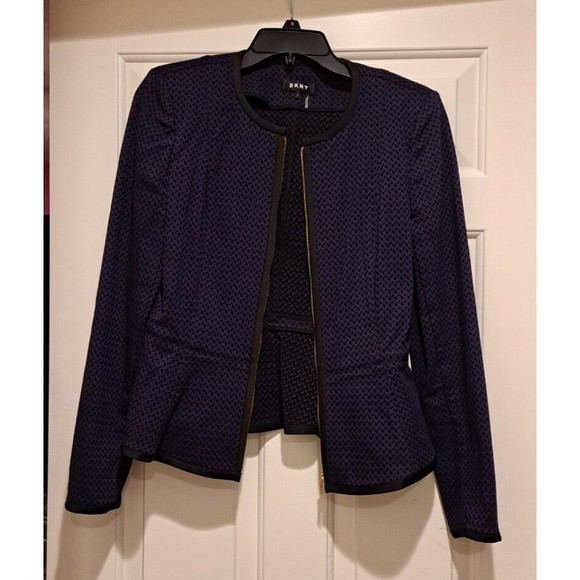 DKNY Women's Deep Blue w/ Black Patern Zip-Front Peplum Blazer Sz 4 - Picture 2 of 7
